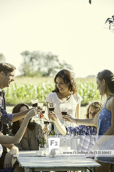 Freunde klirren an den Gläsern und genießen den Wein im Freien.