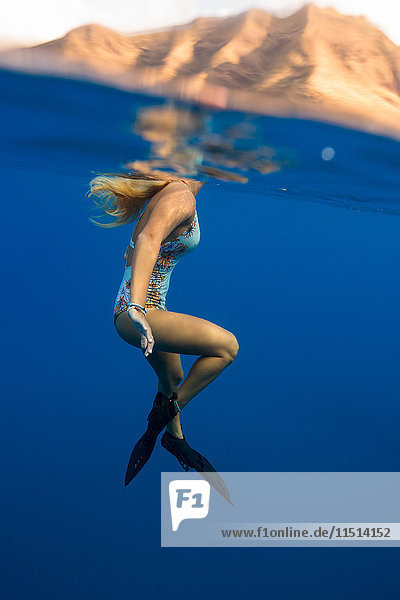 Frau mit Flossen schwimmt unter Wasser  Oahu  Hawaii  USA