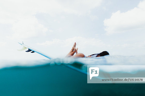 Oberflächenansicht einer auf einem Surfbrett liegenden Frau  Oahu  Hawaii  USA