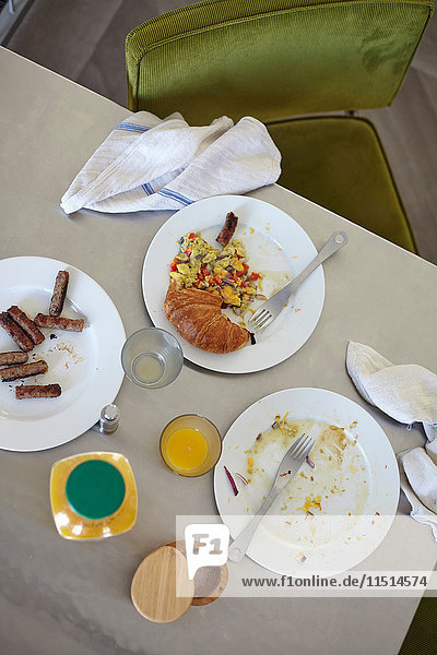 Blick über den Tisch mit leerem Teller und Frühstücksresten