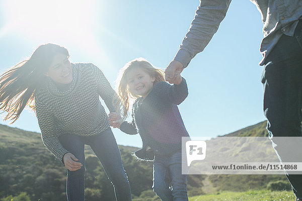 Sonnenlicht-Porträt eines Paares mittlerer Erwachsener und einer Tochter  die sich im Feld an den Händen halten