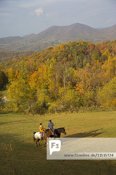 Distant Caucasian couple horseback riding in field