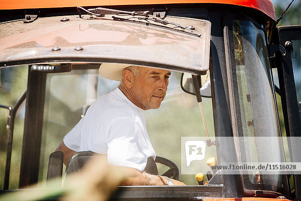 Kaukasischer Landwirt fährt Traktor