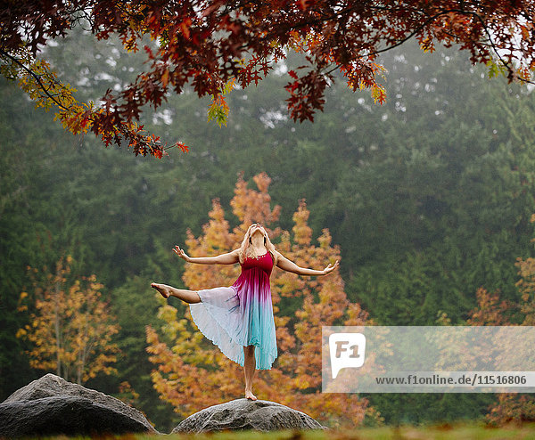 Kaukasische Ballerina tanzt auf einem Felsen im Park