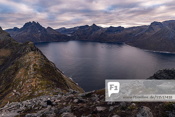 Frau schaut im Herbst vom Segla Peak auf der Insel Senja auf das Meer hinaus  Arktis Norwegen