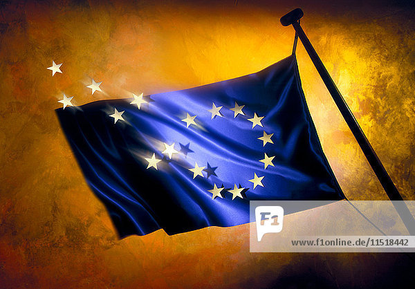 Brexit  Sterne verlassen die europäische Flagge vor goldenem Hintergrund