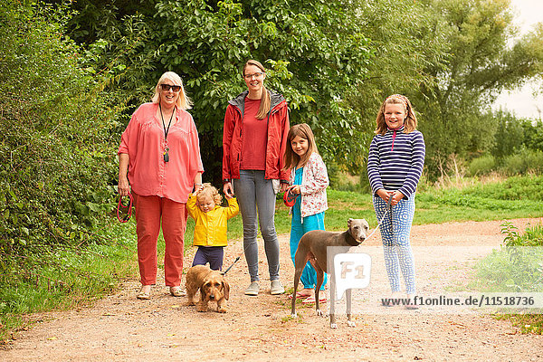 Familie geht mit Hunden auf Feldwegen spazieren