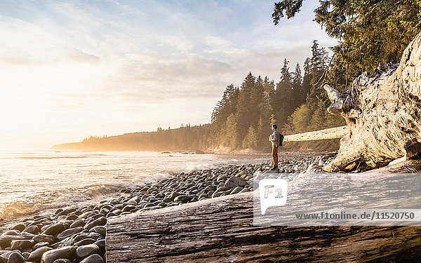Man looking out from beach in Juan de Fuca Provincial Park Vancouver Island British Columbia Canada