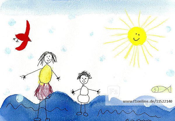 Kinderzeichnung einer glücklichen Mutter mit Kind im Urlaub