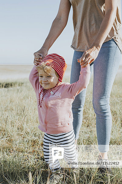 Smiling toddler holding mother's hands on a meadow