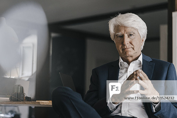Portrait of white haired senior businessman in his office