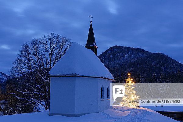 Deutschland,  Lenggries,  Kapelle und beleuchteter Weihnachtsbaum