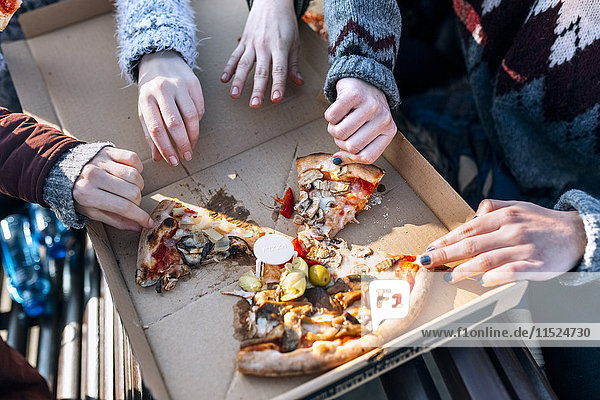 Four friends eating pizza outdoors  partial view
