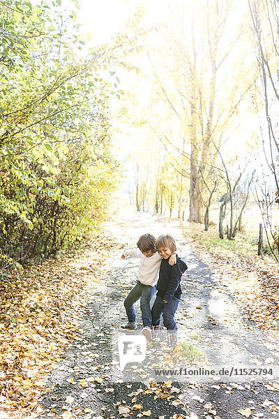 Two little boys playing on autumnal country road