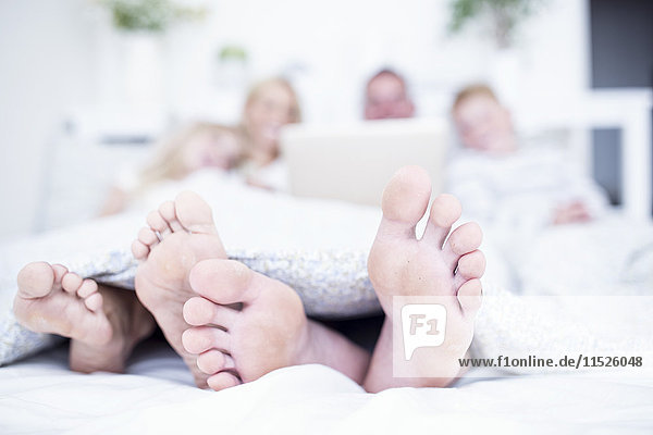 Feet of family lying in bed using laptop