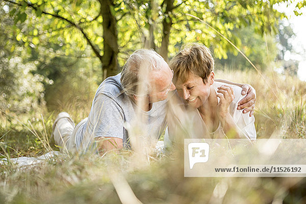 Glückliches Seniorenpaar umarmt sich auf der Wiese