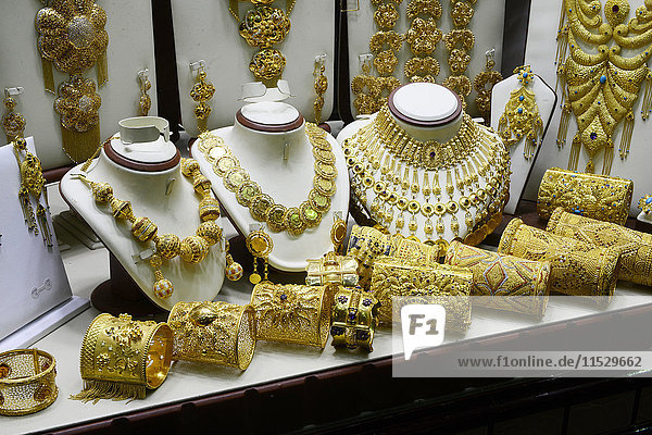United Arab Emirates  Dubai  Dubai Gold Souk  close-up on jewels in a shop window