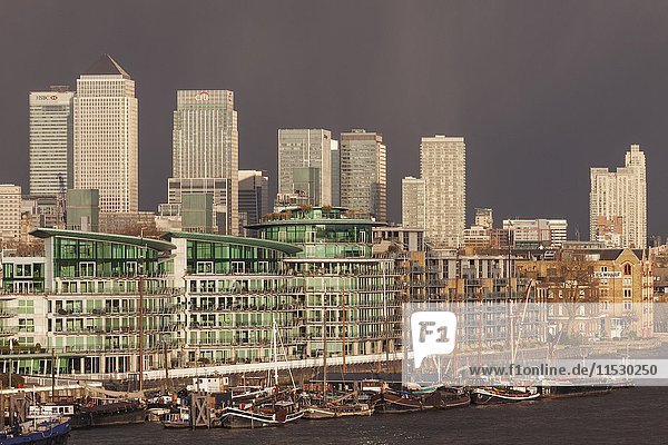 England  London  Docklands  Canary Wharf and River Thames at Dusk