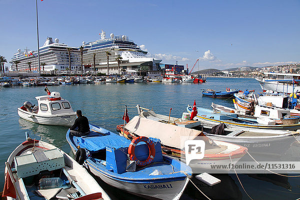 Turkey  province of Aydin  Kusadasi  fishing harbour and cruise ships