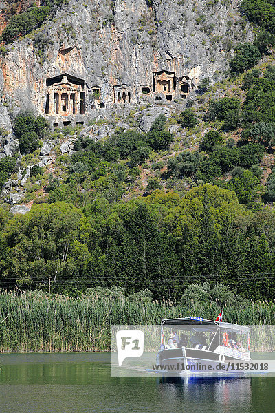 Turkey  province of Mugla  Dalyan  Dalyan river and Lycian tombs in the cliff