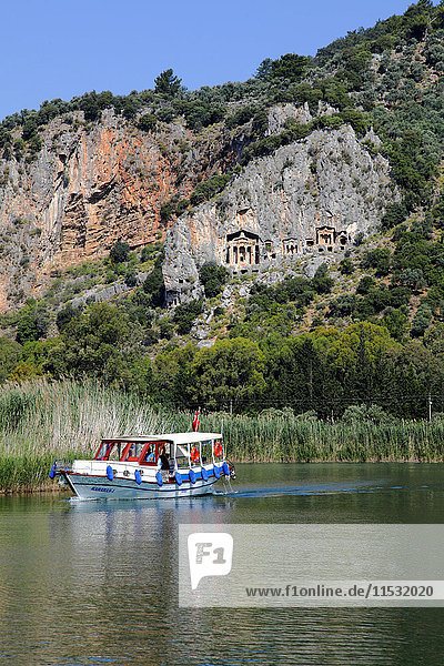 Turkey  province of Mugla  Dalyan  Dalyan river and Lycian tombs in the cliff