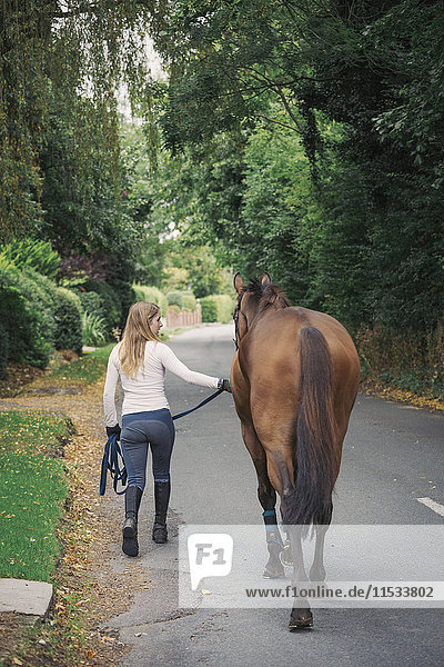 Rückansicht einer Frau und eines braunen Pferdes  die eine Straße entlanglaufen.