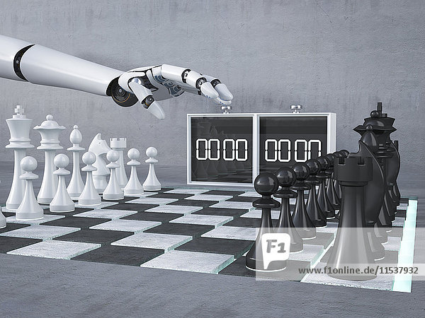 Roboterhand  Schach spielen  starten  Uhr  3D Rendering