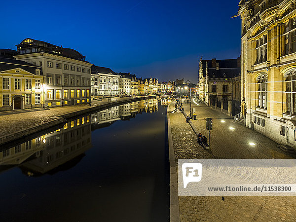 Belgium  Ghent  promenade at Graslei and Korenlei with historical houses in the evening