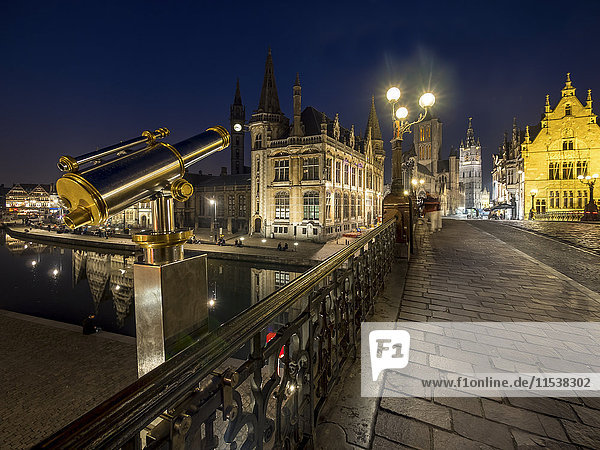Belgium  Ghent  view from St. Michael Bridge to old town with St. Nicholas' Church and belfry at night