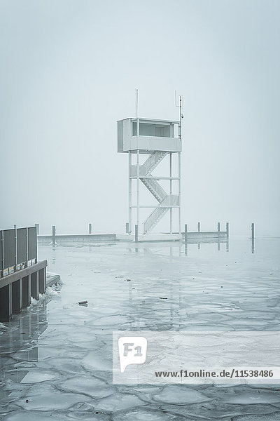 Deutschland  Berlin-Köpenick  Blick auf den gefrorenen Müggelsee mit Sprungturm im Nebel