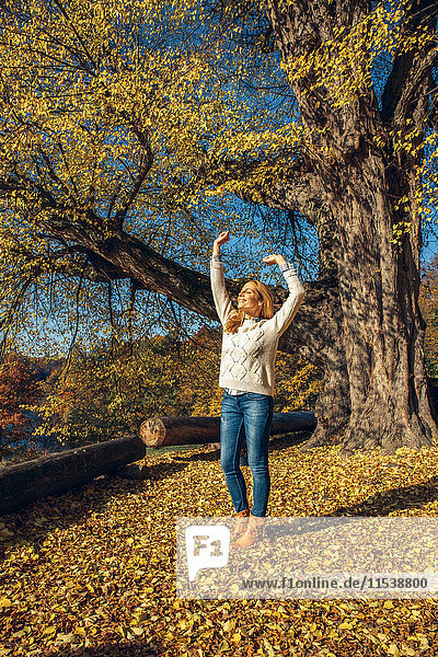Frau genießt den Herbstwald