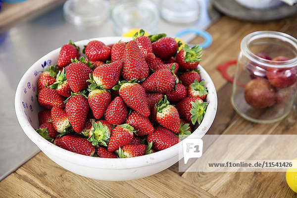 Fresh strawberries on kitchen counter