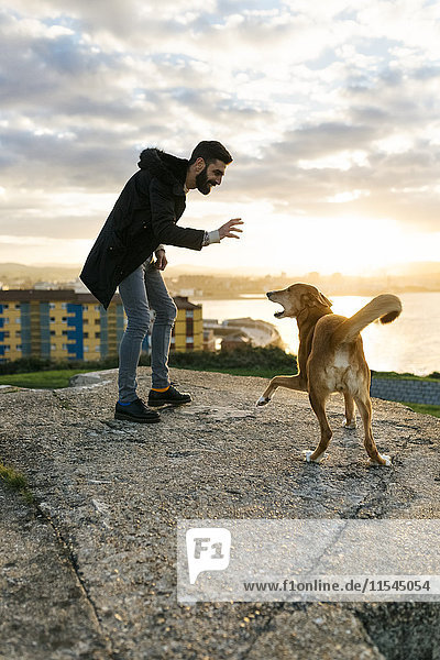 Spanien  Gijon  Mann spielt mit seinem Hund am Abend