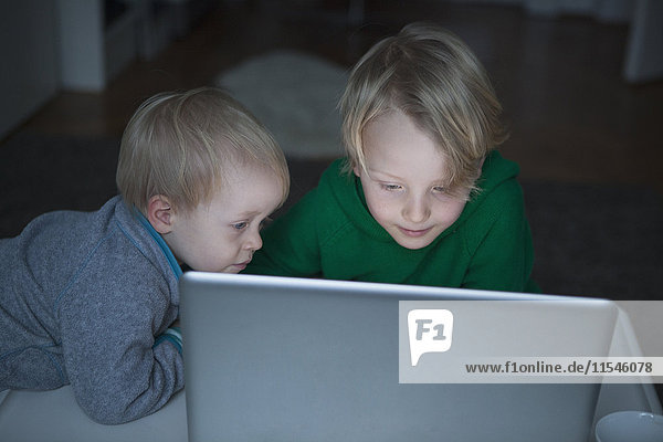 Zwei kleine Brüder  die auf den Computer schauen