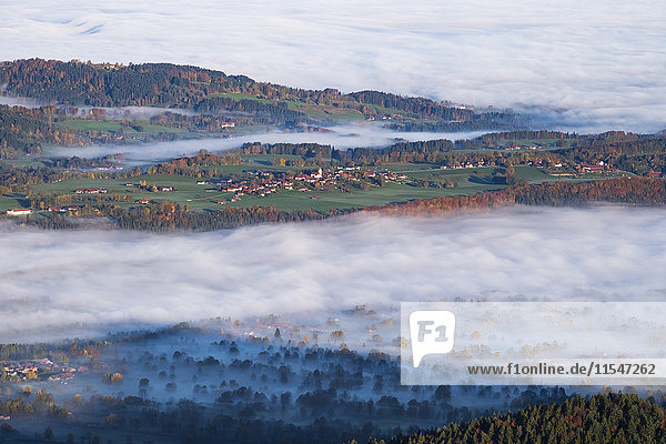Deutschland  Oberbayern  Wackersberg  Morgennebel im Isartal  Blick vom Geierstein aus