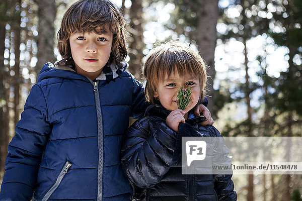 Porträt von zwei kleinen Jungen im Wald