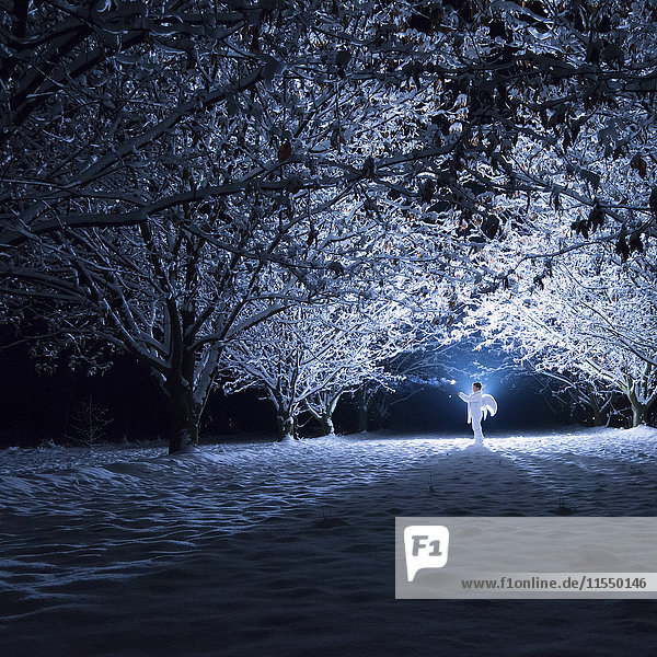Children with angel wings standing under snow-covered trees in the darkness