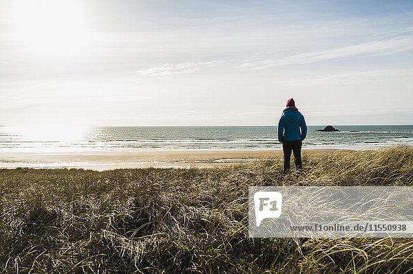 France  Bretagne  Finistere  Crozon peninsula  woman standing at the coast