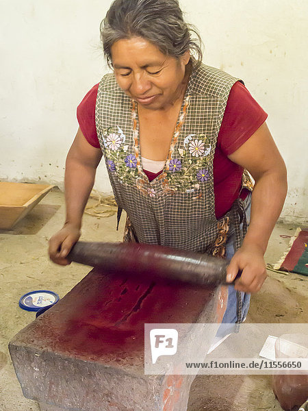 Zapotec woman grinding insects to make valuable cochineal dye Teotitlan del Valle Oaxaca Mexico North America