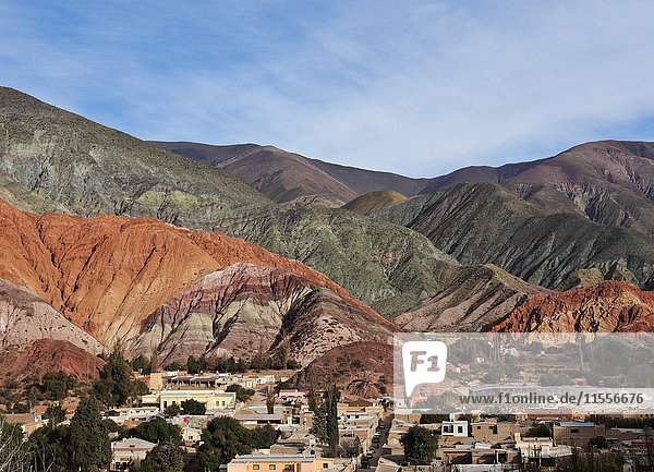 Elevated view of the town and the Hill of Seven Colours (Cerro de los Siete Colores)  Purmamarca  Jujuy Province  Argentina  South America