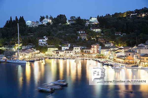 View over harbour at night Loggos Paxos Ionian Islands Greek Islands Greece Europe