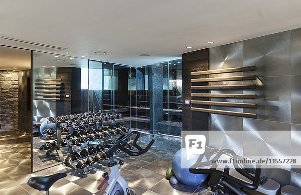 Fitnessraum mit Geräten in einem modernen  luxuriösen Haus mit Vitrine