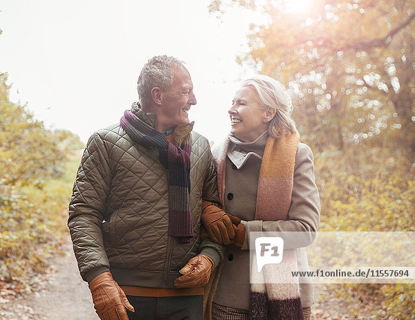 Affectionate senior couple walking arm in arm on path in autumn park