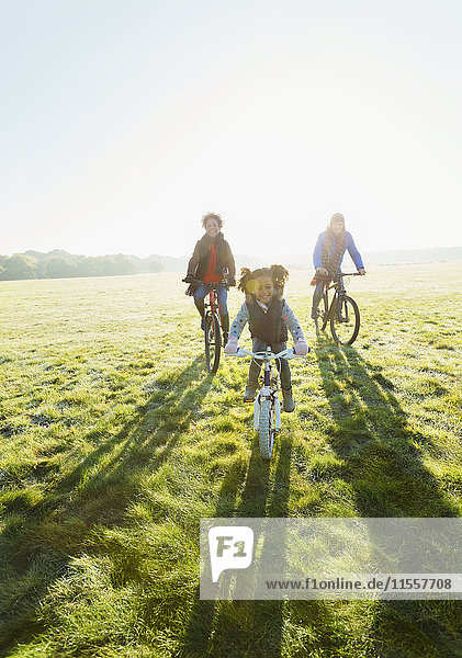 Portrait junges Familienradfahren im sonnigen Parkgras