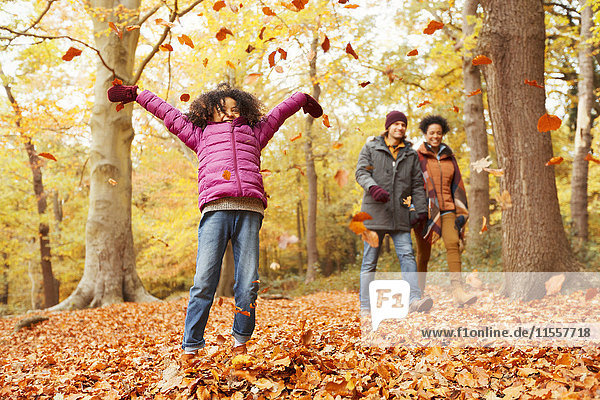 Verspieltes Mädchen wirft Herbstlaub in den Wald