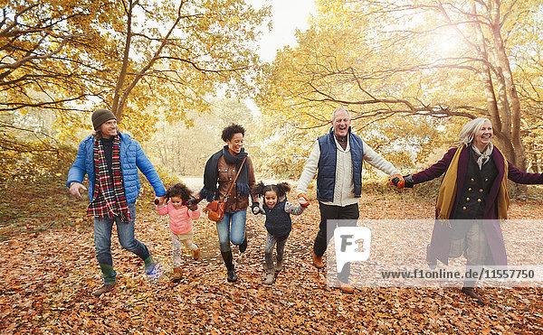 Verspielte Mehrgenerationen-Familie im Herbstpark