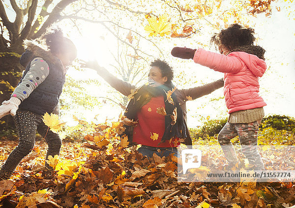 Verspielte Mutter und Töchter werfen Herbstlaub im sonnigen Park