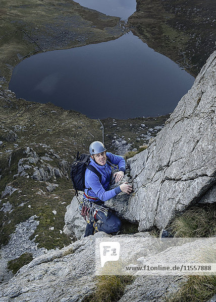 UK  North Wales  Snowdonia  Craig Cwm Silyn  mountaineer on Outside Edge Route