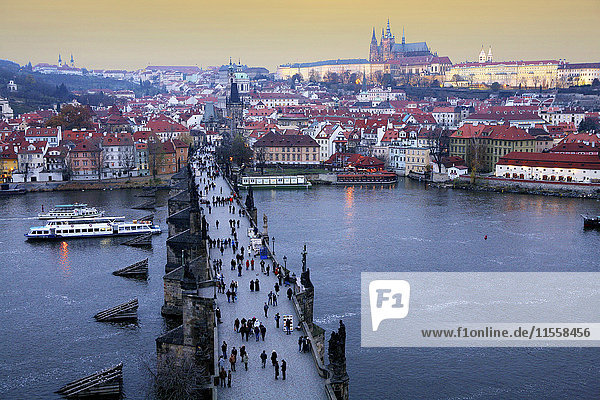 Czechia  Prague  cityscape with Charles Bridge at dusk seen from above