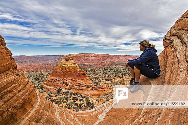 USA  Arizona  Page  Paria Canyon  Vermillion Cliffs Wilderness  Coyote Buttes  tourist enjoying the view on red stone pyramids and buttes